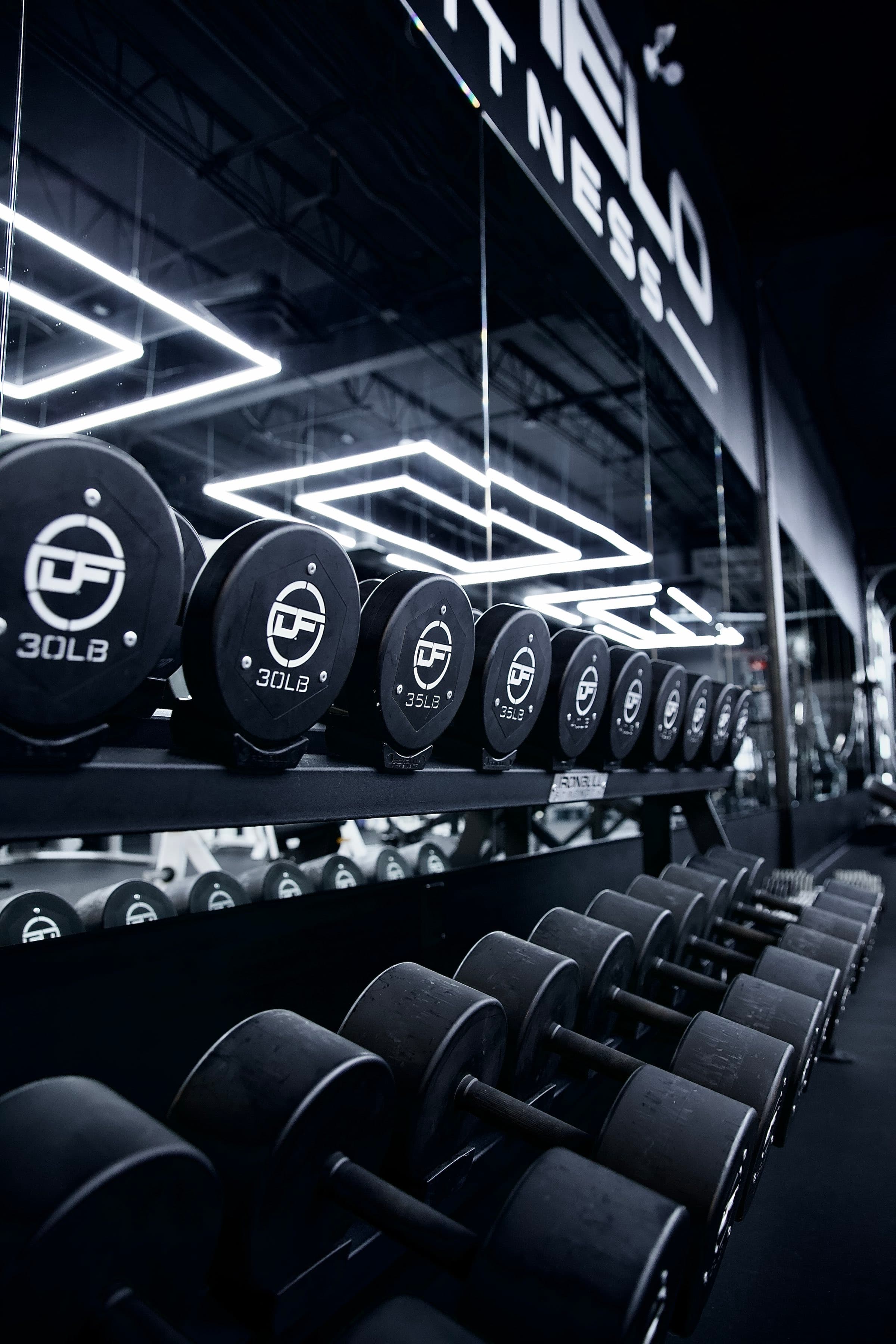 DeMelo-branded dumbbells racked beneath the studio's signature geometric light installation